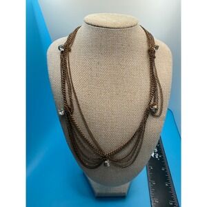Antique Bronze Multi Strand Drape Necklace Clear Rhinestone Layered Bib Chain